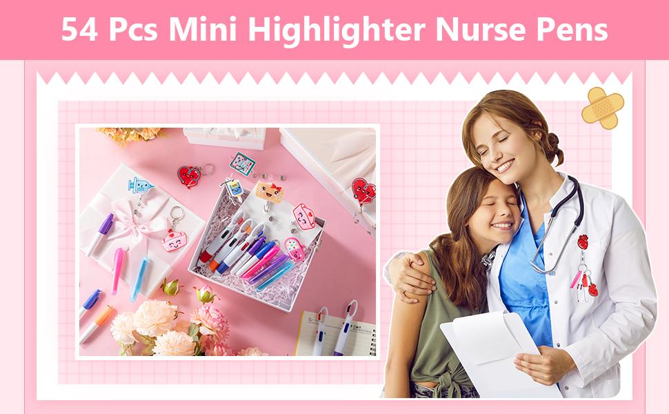 54 Pcs Nurse Badge Pens Mini Highlighter Pens Bulk Nursing Week Appreciation Gifts Retractable for CNA Women Students Graduation Coworkers (Classic)