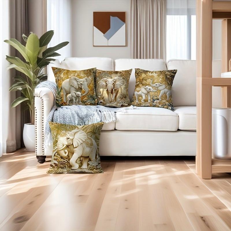 Tropical Plant and Elephant Decorative Pillow Covers, 4-Piece Set, Invisible Zipper, Easy Clean, Home Decoration