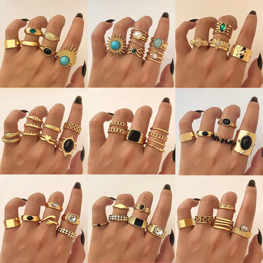 2026 Bulk Vintage Gold Rings Set for Women Y2K Boho Turquoise Black Stone Finger Ring Pack Stackable Jewelry Gift Summer Vacation Wholesale Mix