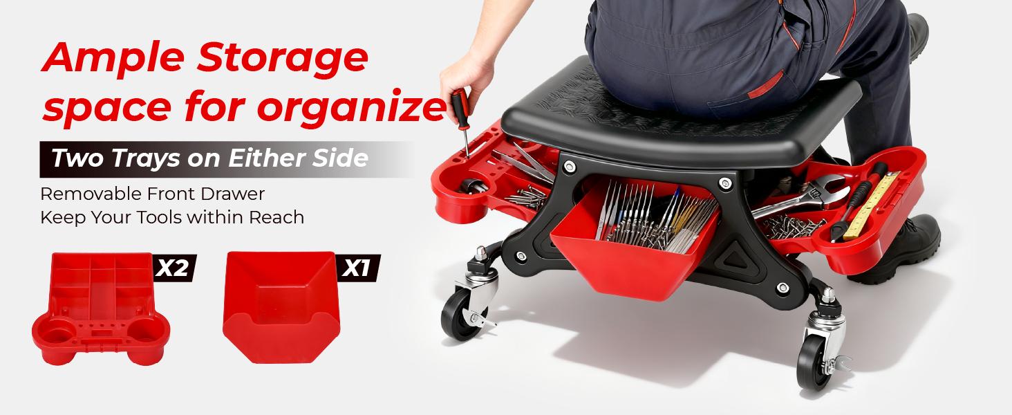Heavy Duty Rolling Mechanic Stool with Casters, 300 LBS Capacity, Slide-Out Tool Trays & Drawer, Car Repair Tools for Mechanics’ Repair Work (Red)