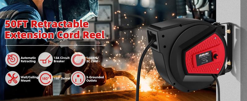 50FT Retractable Extension Cord Reel, 14AWG/3C Power Cord Reel, Wall Ceiling Mounted Electric Cord Reel for Garage Workshop, with 13AMP Circuit Breaker,3-Lighted Triple Outlets, Lighted Triple Tap, UL Listed 50FT Retractable Extension Cord Reel, 14AWG/3C Power Cord Reel, Wall Ceiling Mounted Electric Cord Reel for Garage Workshop, with 13AMP Circuit Breaker,3-Lighted Triple Outlets, Lighted Triple Tap, UL Listed