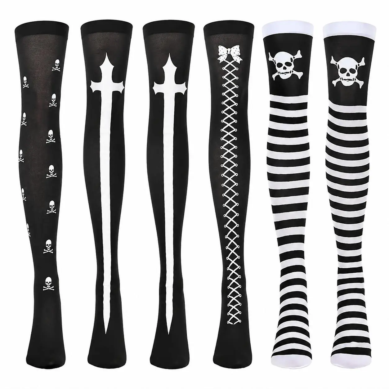 Stretchy Over-the-Knee Thigh-High Stockings Set – Four Pairs of Soft Knit Costume Socks with Subtle Skull Pattern, Ideal for Halloween Cosplay, Festive Parties, and Everyday Fashion Wear