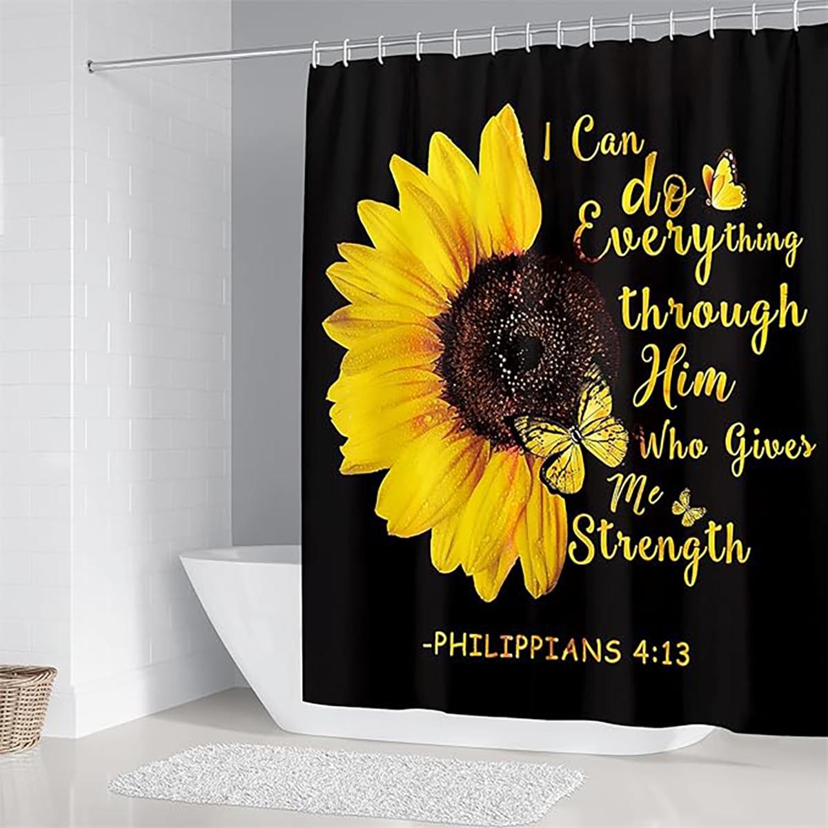 1/4pcs Sunflower Inspirational Quotes Themed Shower Curtain Set, includes a non-slip mat, U-shaped rug, and toilet seat cover. Perfect for bathroom decoration, partitioning, and beautifying the space. Comes with 12 shower curtain hooks. Shower Essentials