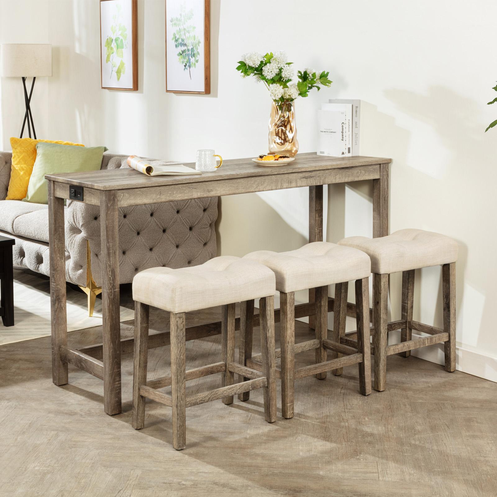 [Bellemave]4-Piece Bar Table Set with Power Outlet, Dining Bar Table and Chairs Set,Bar Table Set with 3 Padded Stools for Living Room, Dining Room, Game Room, Brown    RR