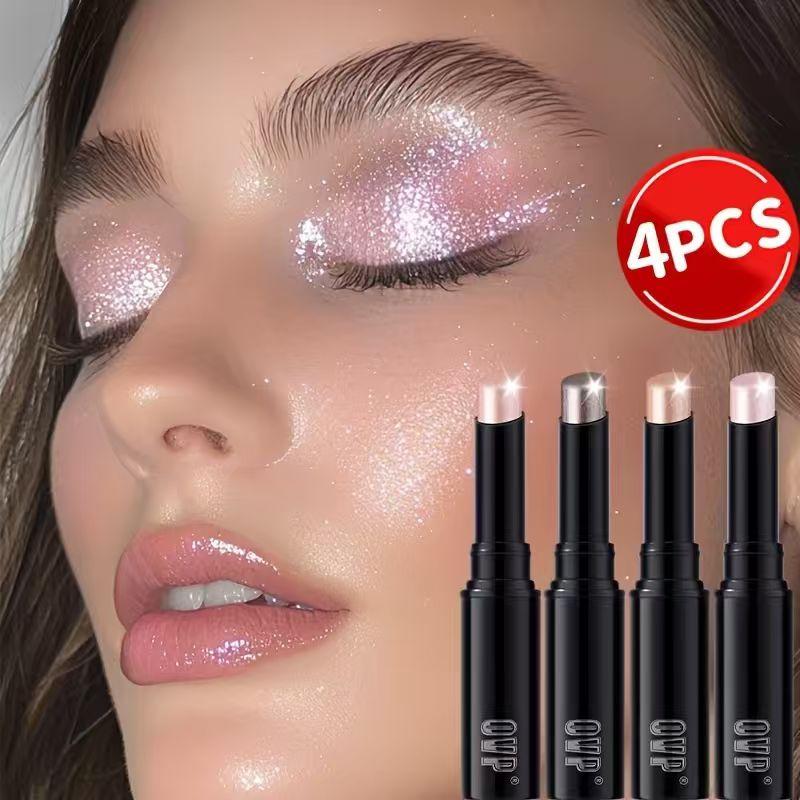 4 Colors Jelly Watery Eyeshadow Stick Set, Metallic Glitter Shimmer, Long Lasting Highly Pigmented Layerable Formula, Usable for Blush and Eyeliner, for Sparkling Eye Makeup and Facial Contouring, Ideal for Party and as Gift