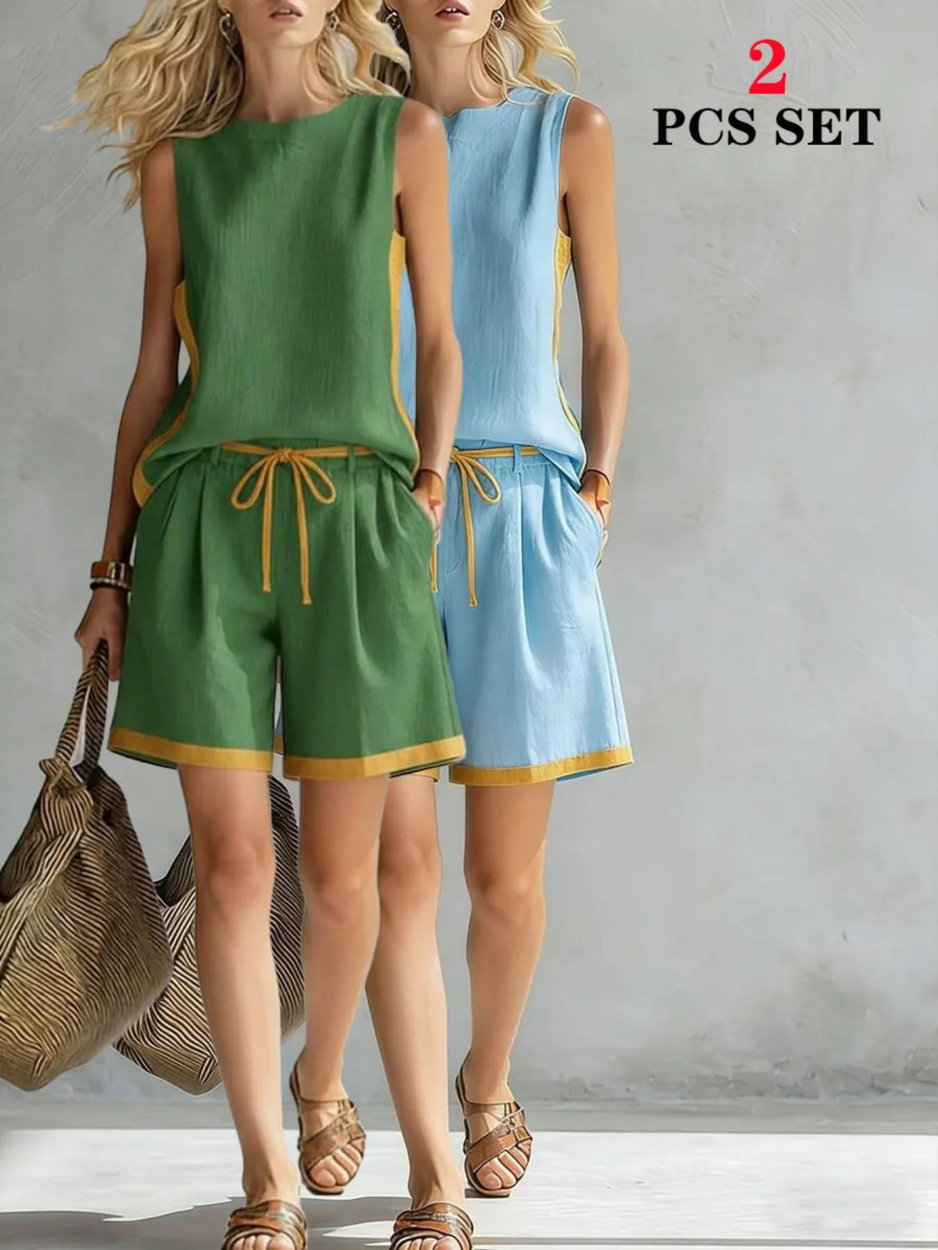 2026 Summer Women Sleeveless Top Color Block Two Piece Set Casual Fashion Wide Leg Pants Matching Outfits Trendy Daily Women Clothing Lady