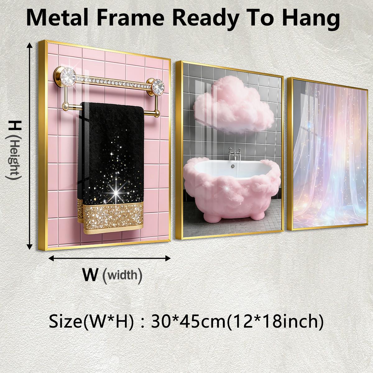 3 Counts Aluminum Alloy Framed Painting, Sparkling Bathroom Luxury Cloud And Curtain Art Pictures, Home Decoration For Living Room, Bedroom, Office, Restaurant, Hallway Wall Decor, Odorless Print Artwork, Luxury Perfect Gift For Friends And Family