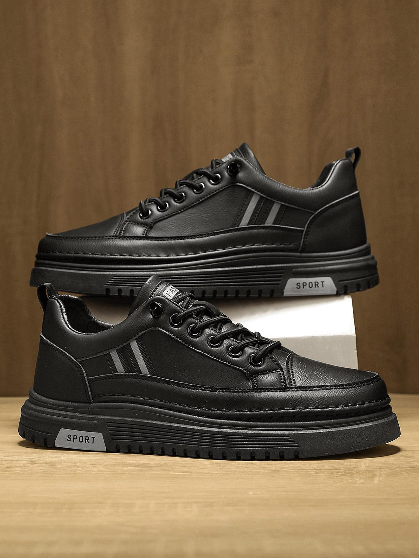 Men's Summer Thick Sole Sneakers, Simple Striped Casual Board Shoes, Soft Leather Breathable Lightweight, Height Boosting Slim Fit, Versatile Daily Wear