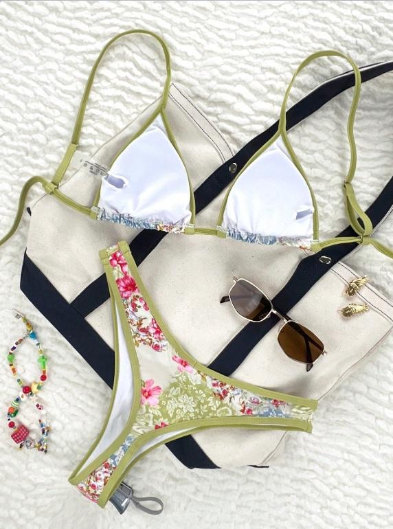 Adjustable Thin Strap Printed Floral Bikini Set for Women, 2026 Spring & Summer Lightweight Breathable Beach Vacation Swimwear