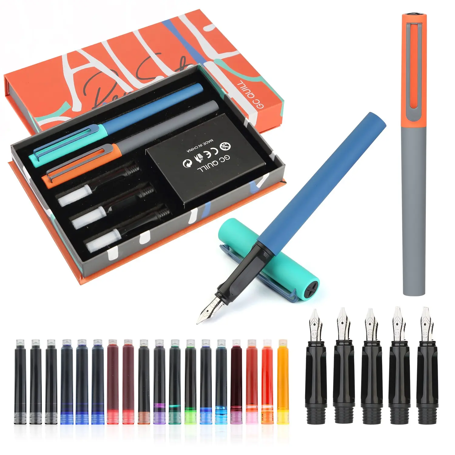 GC QUILL Calligraphy Pen Set: 2 Modern Fountain Pens with 5 Interchangeable Italic Nibs, 18 Colorful Ink Cartridges for Hand Lettering, Journaling, Art Writing