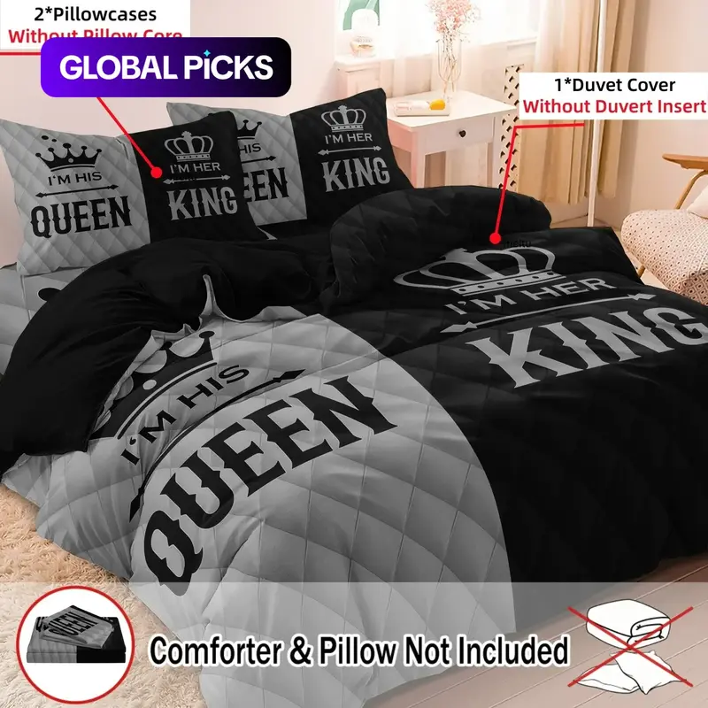 3pcs Crown Couple Pattern Digital Print Bedding Duvet Cover Set ,(Including 1 Duvet Cover & 2 Counts Pillowcase No Comforter, No Pillow) Digital Print, Using A Family Hotel Dormitor #GLOBAL PICKS