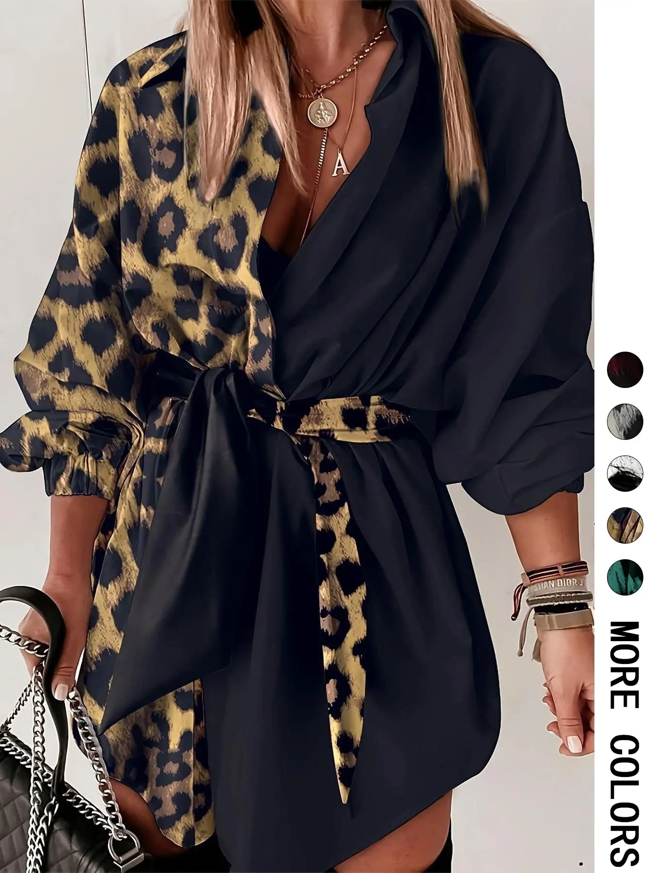 Women's long-sleeve collared long top, color-block printed patchwork, leopard, tie waist for shaping, irregular hem, loose and stylish fit, suitable for street style, parties, outings and daily wear, not dress.