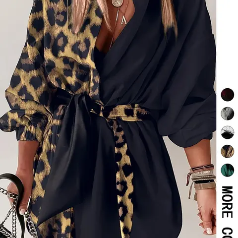 Women's long-sleeve Collared Neck Blouse collared long top, color-block printed patchwork, tie waist for shaping, irregular hem, loose and stylish fit, suitable for street style, parties, outings and daily wear, not dress.