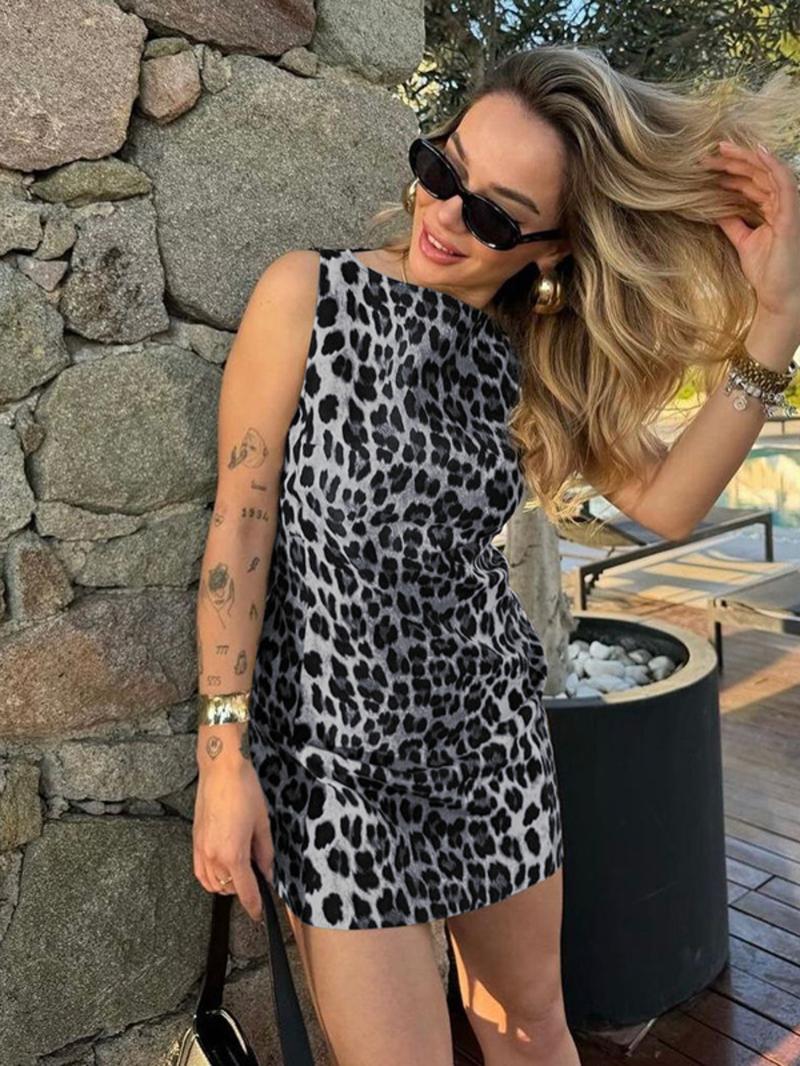 Women's Leopard Print Boat Neck Bodycon Dress, Casual Sleeveless Mini Dress for Daily Outdoor Wear, Ladies Summer Clothes