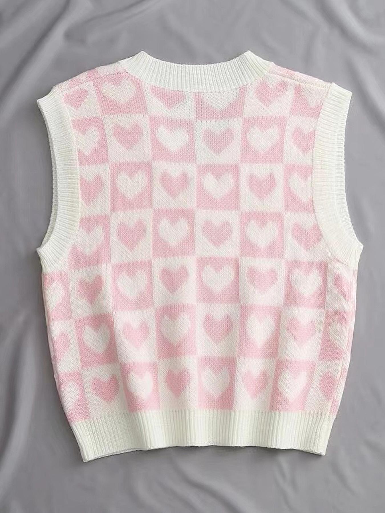 Women's Heart & Plaid Print V Neck Sweater Vest, Casual Sleeveless Knit Top for Daily Wear, Ladies Knitwear for All Seasons, Casual Comfy Vests