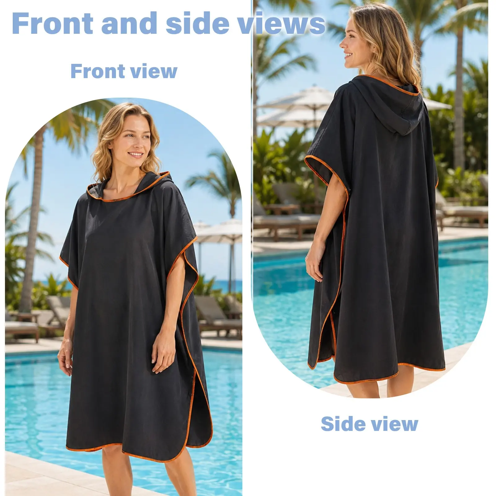 Solid Color Hooded Bathrobe Towel 90x110cm, Soft Quick-Dry Beach Changing Robe, Lightweight Swimsuit Cover-Up, Pool Spa Travel, Unisex Adult, Quick Drying Towels