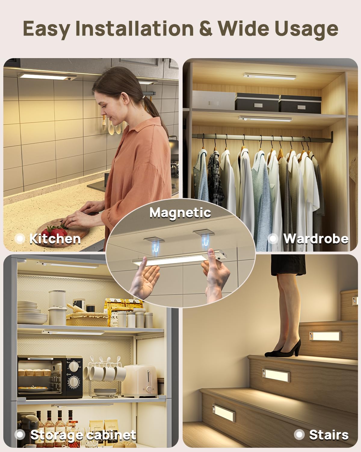 9" Under Cabinet Lighting Wireless, Motion Sensor Light Indoor with Remote, LED Rechargeable Closet Light, 3 Color Temps, Dimmable, Magnetic, Under Counter Lights for Kitchen, Stairs, Pantry