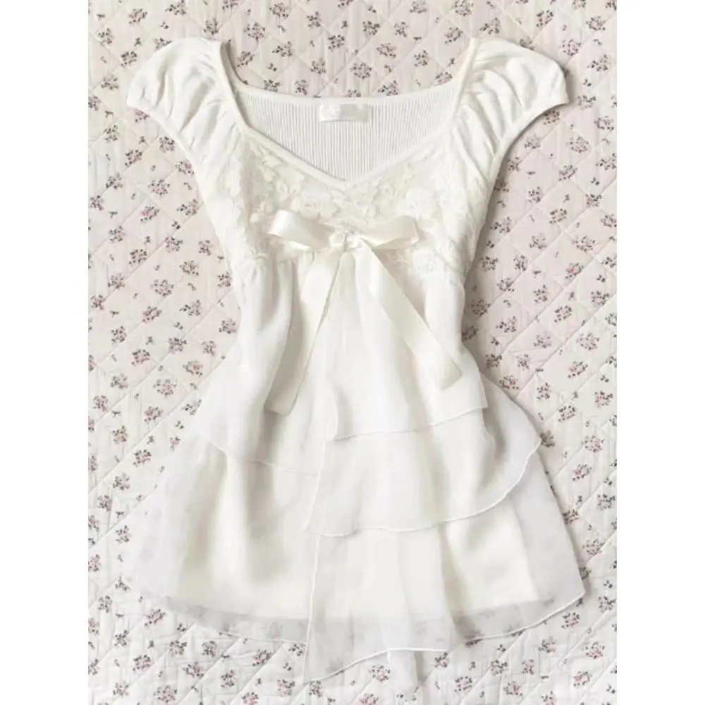 Summer 2000s Aesthetic Elegant White Ruffle Blouse Women Korean Fashion Fairy Bow Sleeveless Tops Harajuku Elegant Slim Shirts