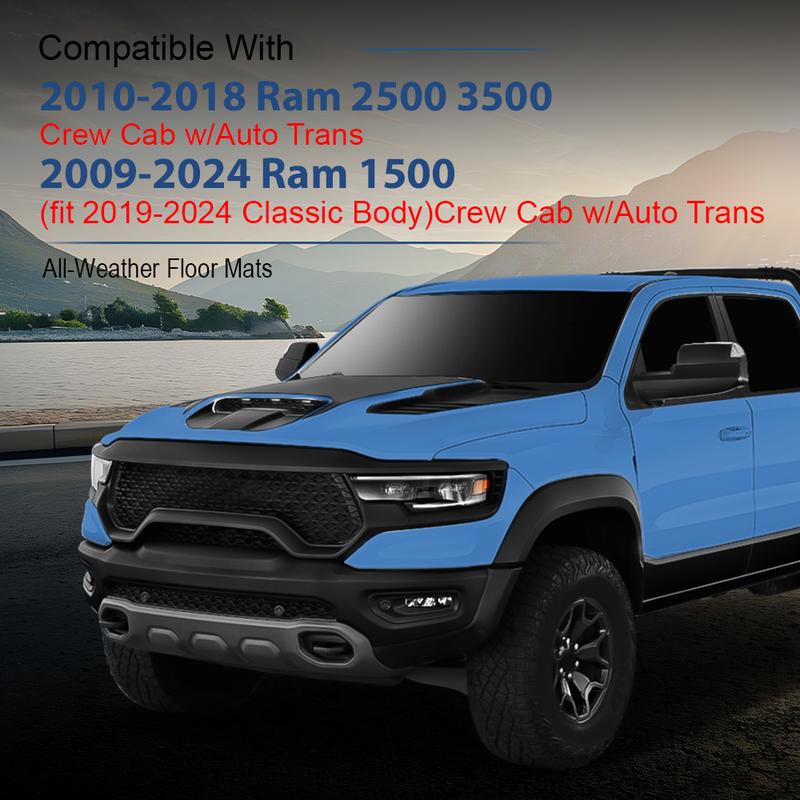 CROSSDESIGN Floor Mats Fit For Dodge Ram 09-24 1500/10-18 2500 3500 Crew Cab w/Auto Trans  All Weather Full Cover Protection 3 Piece Black