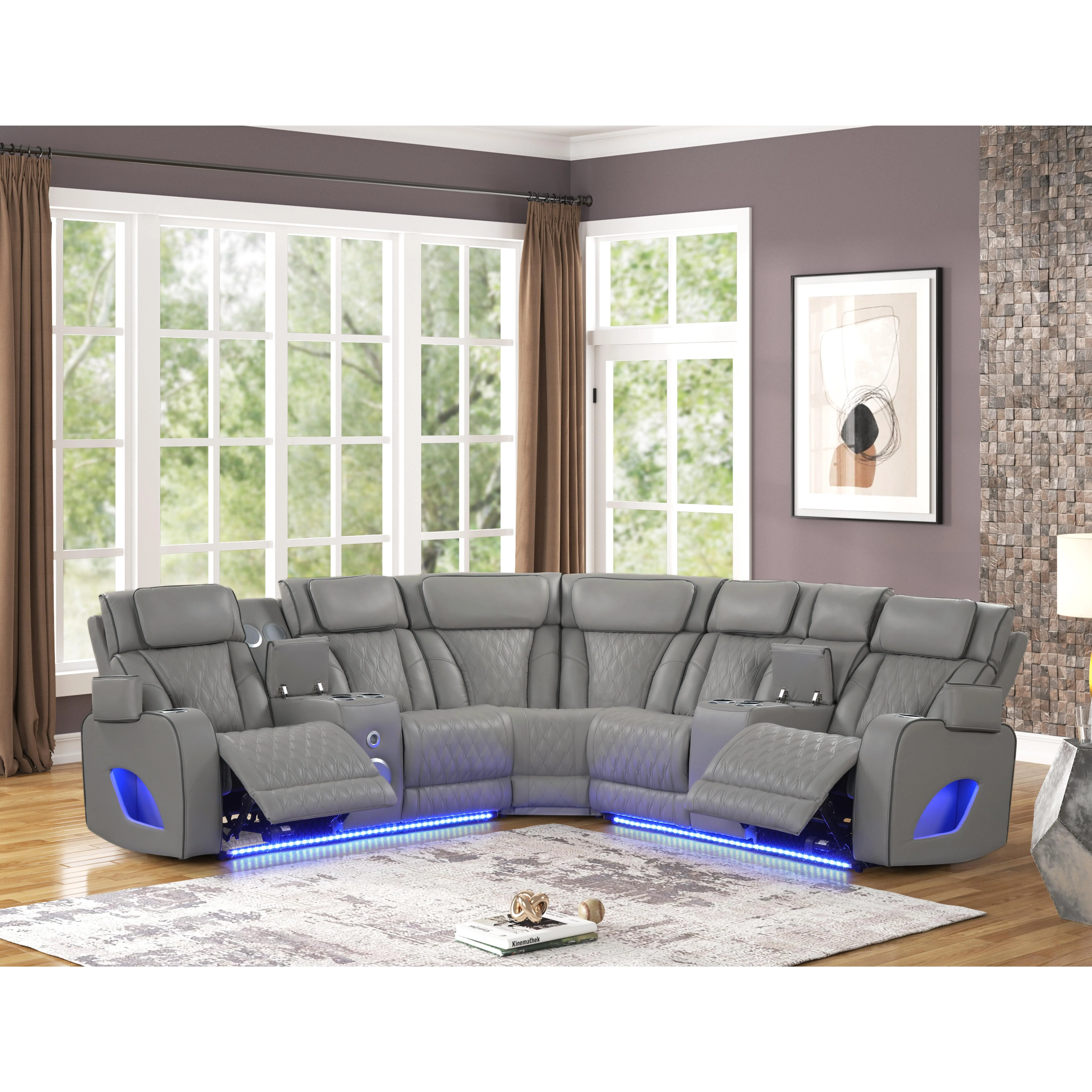 Nokaa Power Recliner Sectional Sofa with Massage, Bluetooth Speakers, LED Lights, Wireless Charging, USB Ports, Cup Holders, Storage, Gray Faux upholstered, Wood Frame, for Living Room, 194Wx40Dx42H in