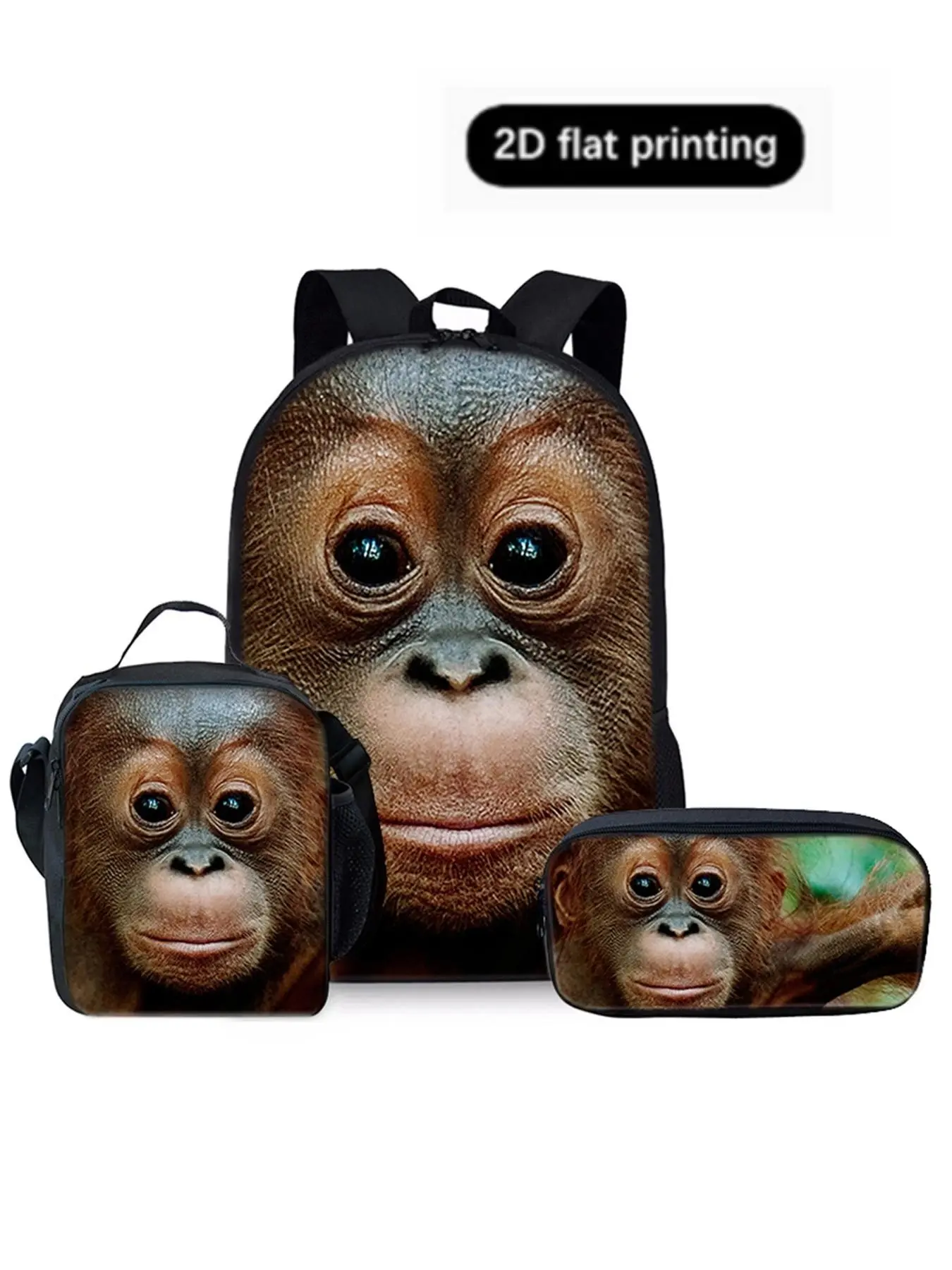 Monkey Pattern 2D Print 17 Inch Backpack Set, Casual Cartoon Design, Includes Single Layer Backpack, Shoulder Lunch Bag, Pen Pouch