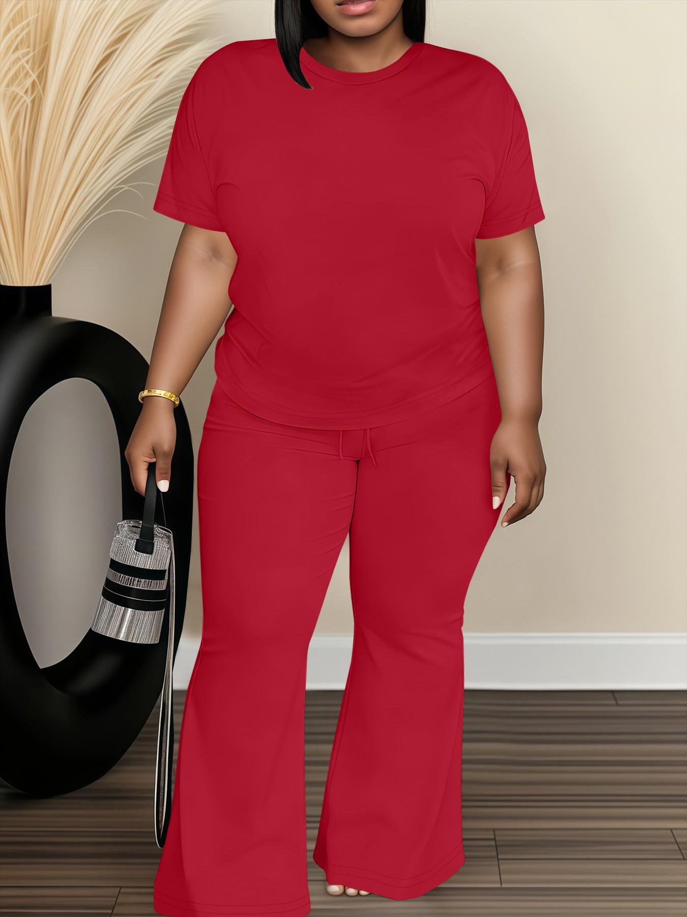 Women's Fashionable Big Size Casual Round Neck Short Sleeve Top & Loose Fit Straight Pants Set, Spring & Fall Comfortable Plain Design Women's Fashionable Big Size Casual Round Neck Short Sleeve Top & Loose Fit Straight Pants Set, Spring & Fall Comfortable Plain Design