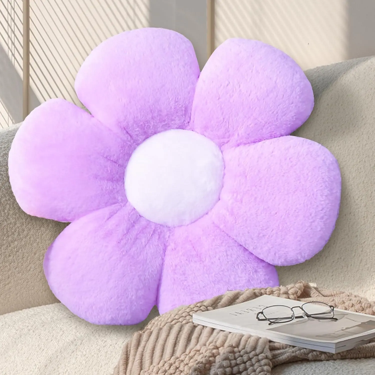 17.7 Inch Purple Flower Pillow – Daisy Shaped Cute Decorative Throw Pillow, Soft Floral Seating Cushion Floor Pillows for Sofa, Bed, Chair & Room Decorations for Home