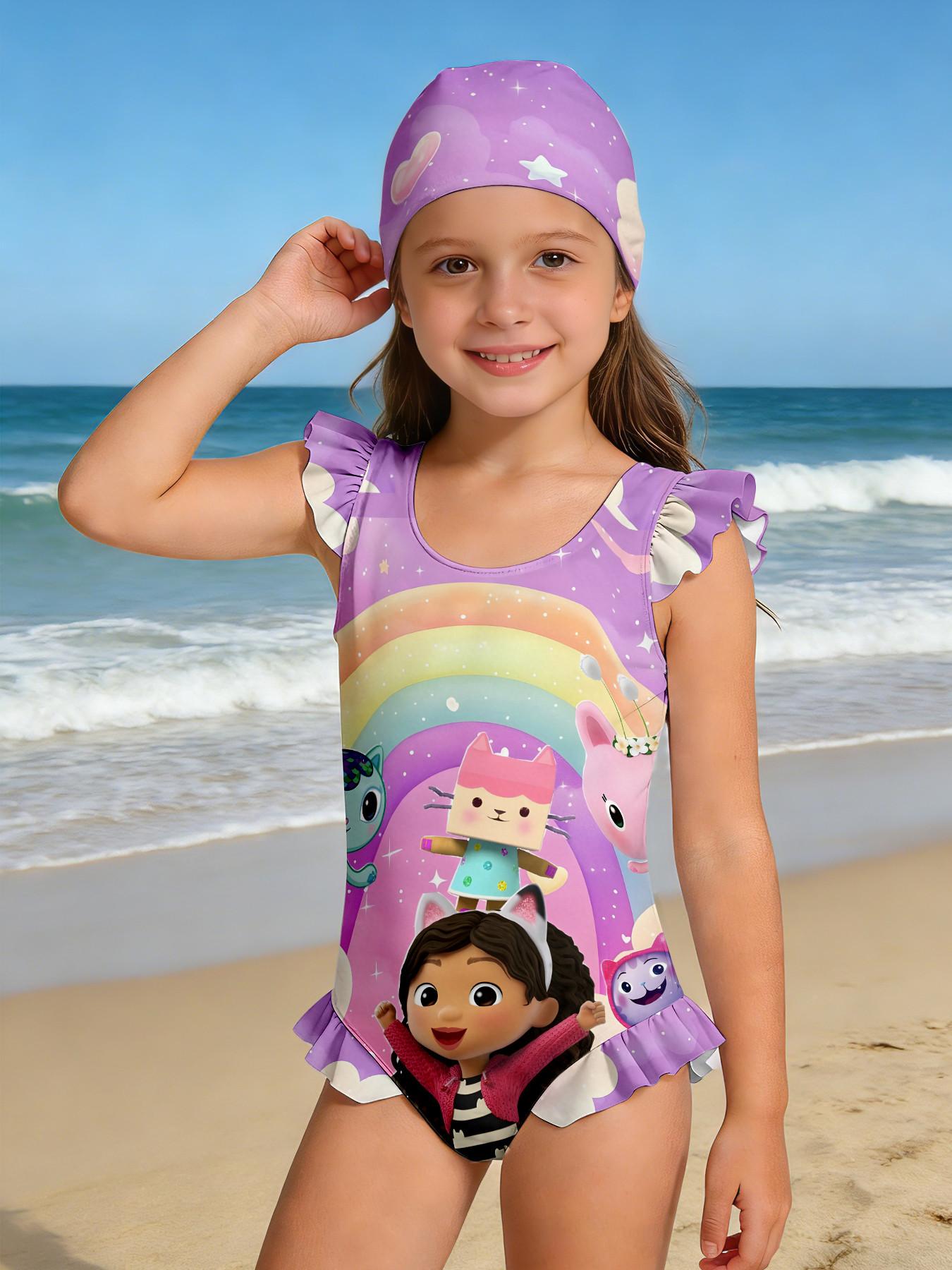 Girls' 3D Rainbow Guppy Swimsuit, Cute Sleeveless Swimwear with Ruffle Edges, Perfect for Parties and Gifts
