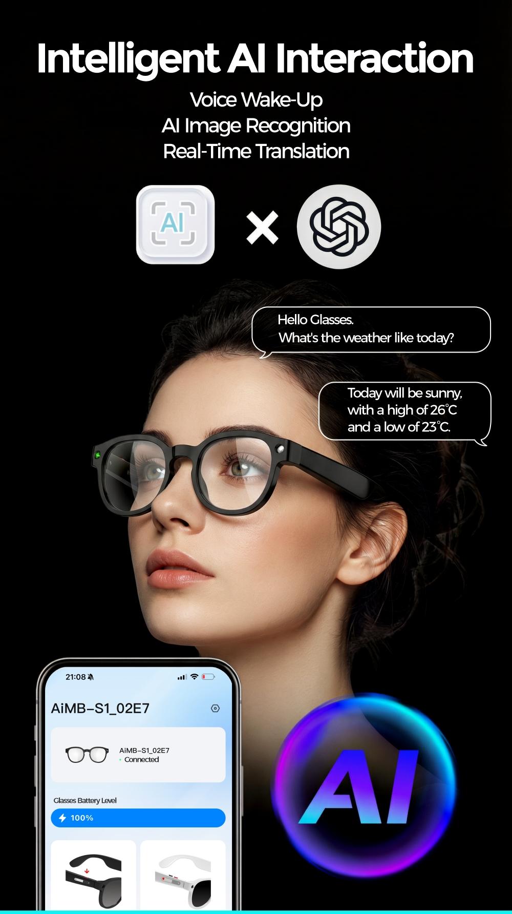 2026 New AIMB-S1 All-in-One AI Smart Camera Glasses, 1080P HD EIS Anti-Shake Video, AI Image Recognition & Voice Control, Bluetooth Audio Calls, Wi-Fi Transfer, Magnetic Charging, Lightweight Wearable Glasses for Travel, Sports & Daily Outdoor Use