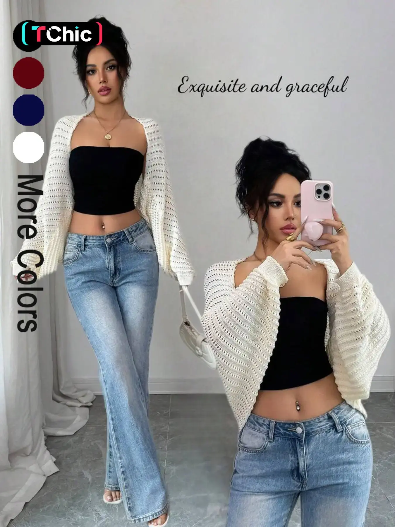 Soft Casual Women's Plain Lightweight Hollow Out Batwing Sleeve Knit Cardigan, Long Sleeve Loose-Fitting Fall & Winter Top