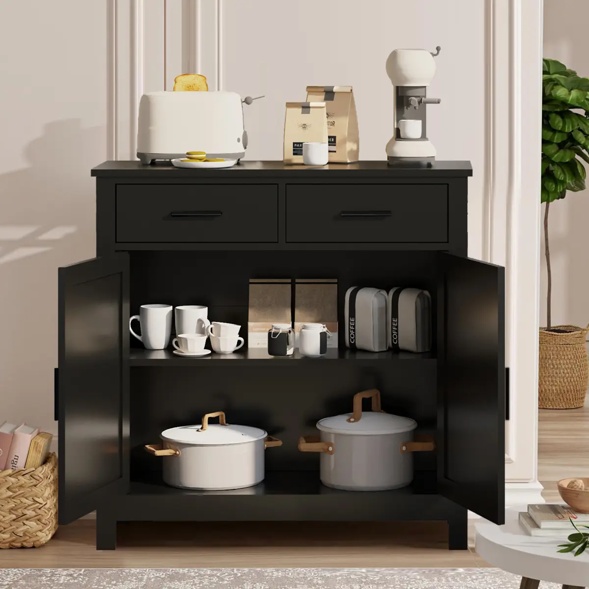 Modern Farmhouse Buffet Cabinet with 2 Drawers, 2 Doors Kitchen Storage Coffee Bar Sideboard with Adjustable Shelves, Small Floor Kitchen Cabinet for Living Room, Black