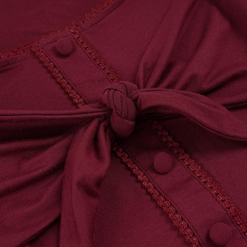 Elegant Flared Bell Sleeve Buttoned Slim Fit Women's T-Shirt, Bow Tie Ruffle Hem Street Style Top, Y2K Patchwork Long Sleeve Tee