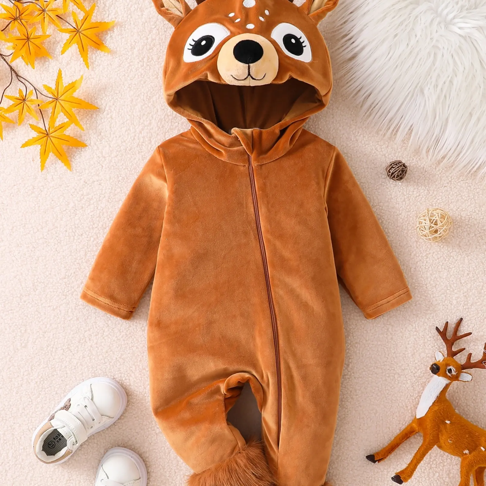 FOCUSNORM Baby Reindeer Costume Romper, Fleece Hooded Deer Animal Onesie, Zipper Warm Christmas Cosplay Outfit, Cute Elk Jumpsuit for Infant Baby Boys Girls