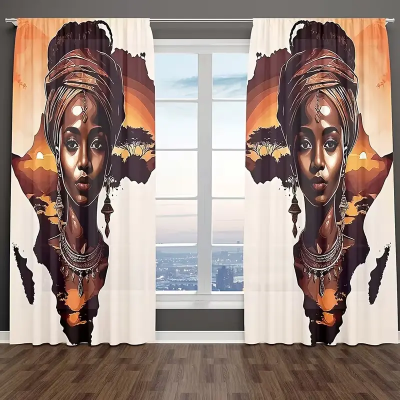 2 pieces, featuring tribal women patterns from Africa. Installed with pocket rods. Digital printed curtains, with filtering function to protect privacy. Suitable for living room, kitchen, bedroom, study, bathroom, hotel, restaurant, and home decoration.