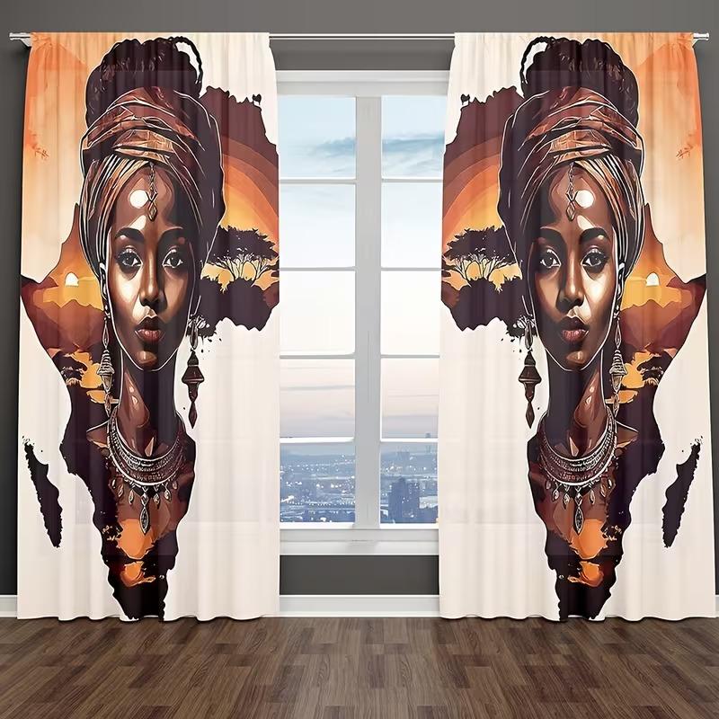 2 pieces, featuring tribal women patterns from Africa. Installed with pocket rods. Digital printed curtains, with filtering function to protect privacy. Suitable for living room, kitchen, bedroom, study, bathroom, hotel, restaurant, and home decoration.