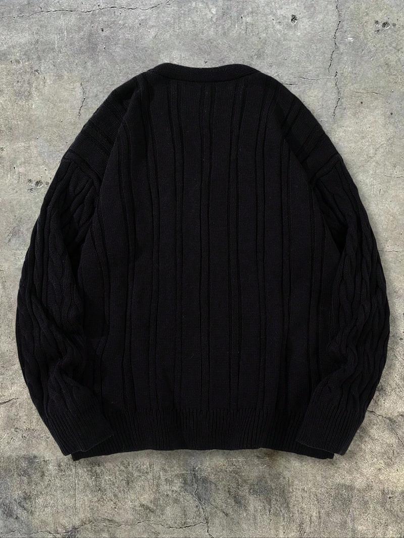 Men's V-Neck Long Sleeve Cardigan Sweater, Casual Loose Fit Knitwear for Spring & Fall, Street Style American Fashion