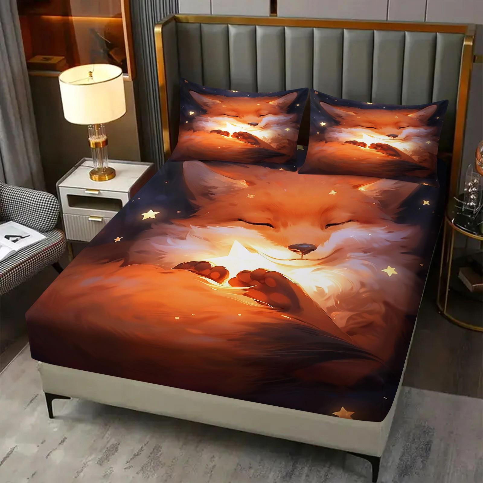 Dreamy and healing little fox-themed fitted sheet set,Includes 1 Fitted Sheet & 2 Pillowcases without Filler,Warm and soft light effect,Gentle and dreamy feel,Warm and anti-pilling,Suitable for all seasons, Comfy Bed Sets