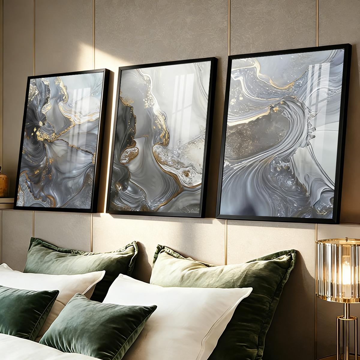 3 Counts Aluminum Alloy Framed Painting, Abstract Gray Gold Fluid Art Pictures, Home Decoration For Living Room, Bedroom, Office, Restaurant, Hallway Wall Decor, Odorless Print Artwork, Luxury Perfect Gift For Friends And Family