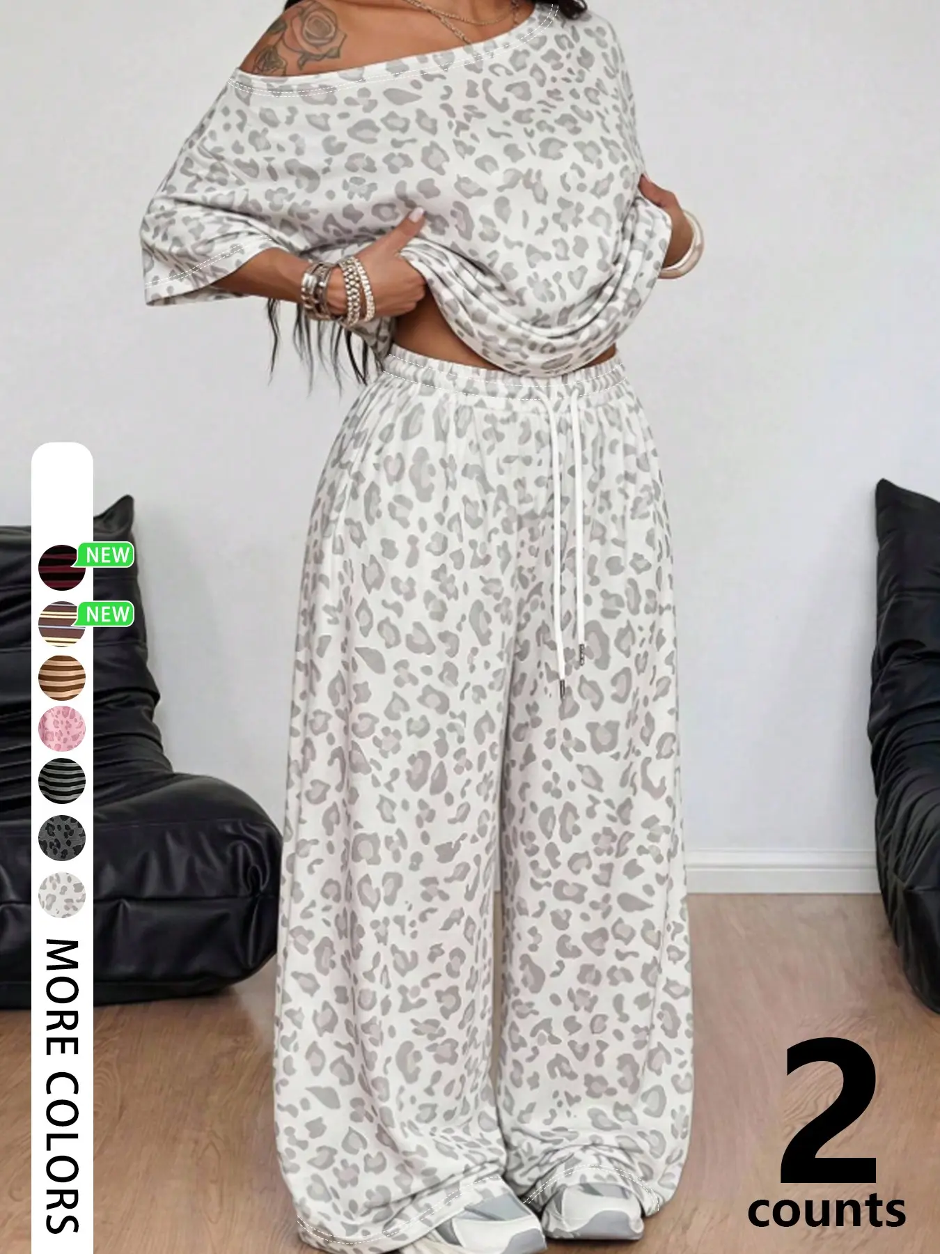 Women's Leopard or Striped Print 2‑Piece Outfit, One‑Shoulder Short‑Sleeve Top with Drawstring Wide‑Leg Pants, for Daily Casual Streetwear