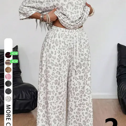Women's Leopard or Striped Print 2‑Piece Outfit, One‑Shoulder Short‑Sleeve Top with Drawstring Wide‑Leg Pants, for Daily Casual Streetwear
