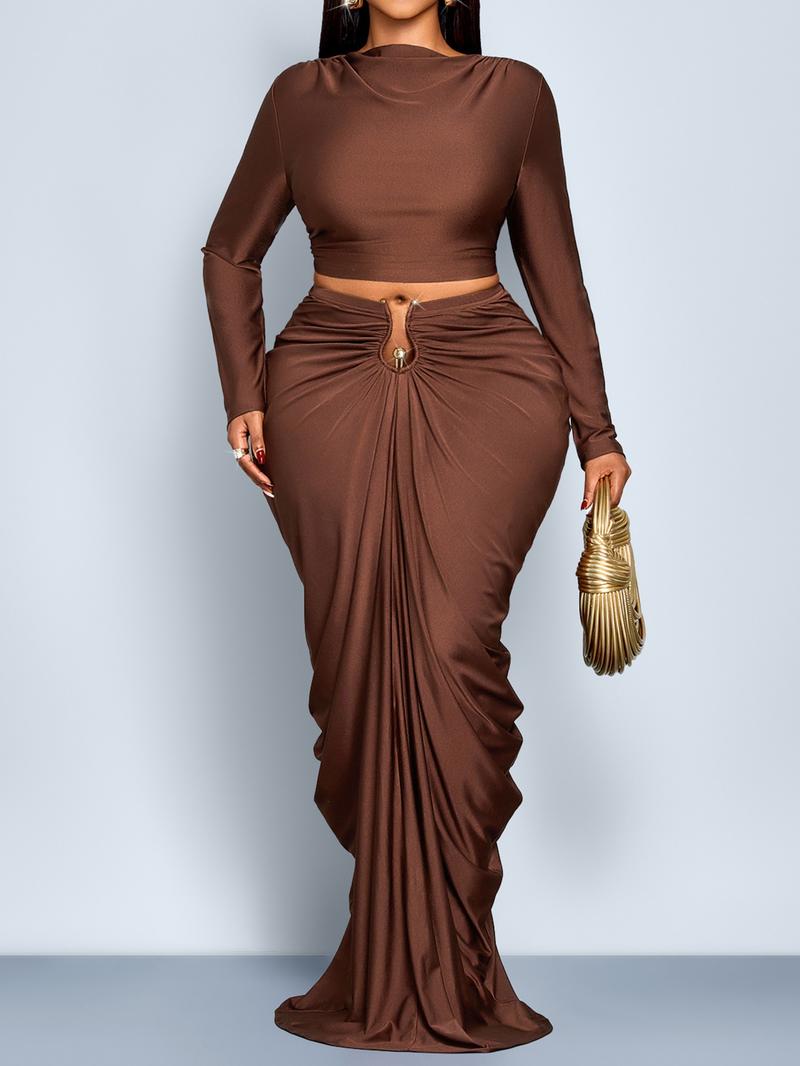 Elegant Women's Two-Piece Set, Fall & Winter High Waist Ruched Skirt, Long Sleeve Round Neck Top, Plain Color, Plus Size Fashion