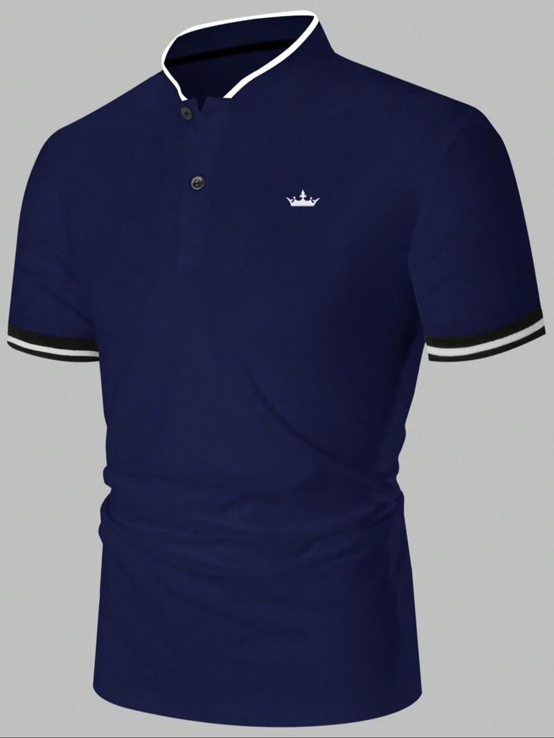 Men's Patchwork Geometric Print Polo Shirt, Fitted Casual Collared, Regular Fit Casual Short Sleeve Top for Summer, Men's Clothes for Daily Wear