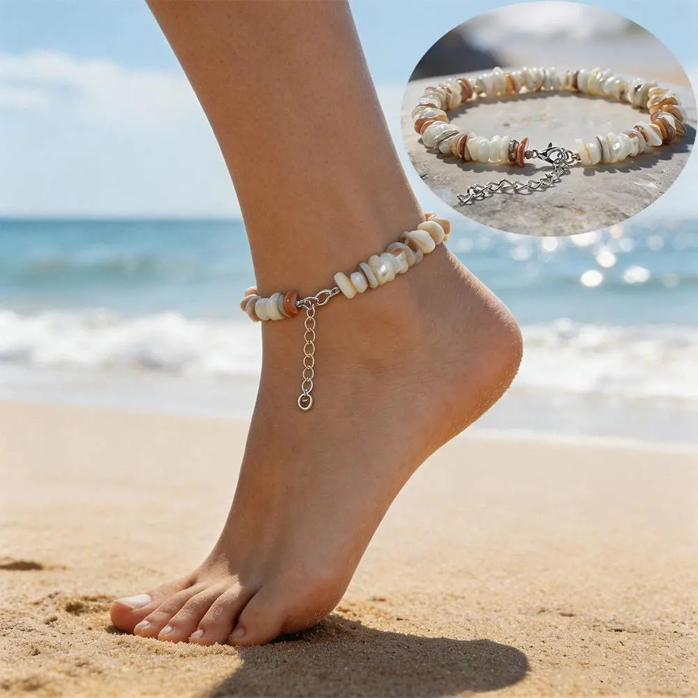 Natural Irregular Shell Chip Anklet Handmade Beaded Shells Ankle Chain Adjustable Lobster Clasp Beach Jewelry Gifts for Friends