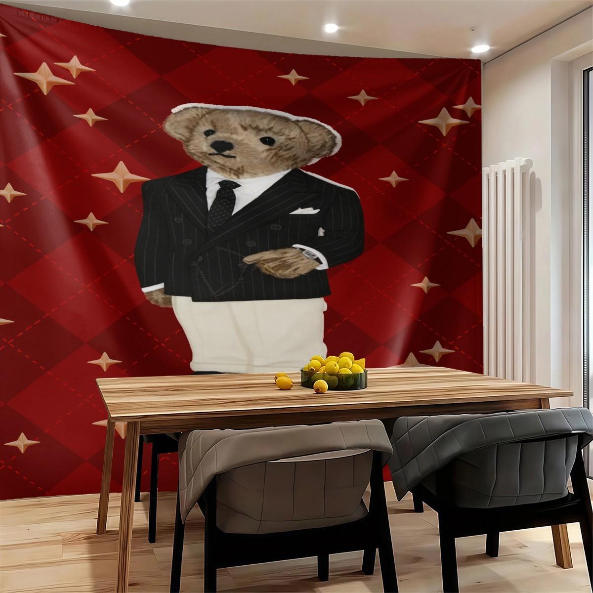 Vintage American Polo Bear Tapestry, Red Gentleman Bear Multi-Style, Wrinkle-Resistant, Wall Hanging Decor for Living Room Bedroom Backdrop