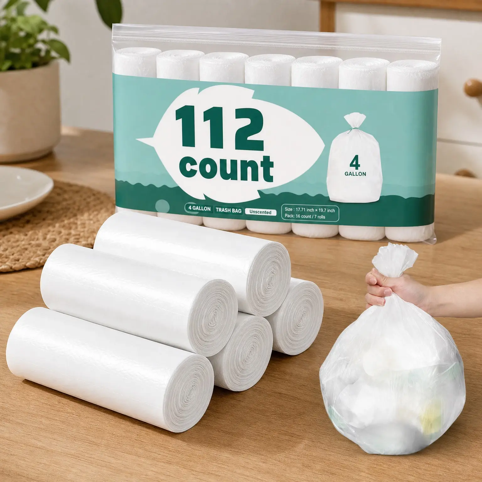 112 Count 4 Gallon White Trash Bags, Small Bathroom Trash Can Liners (7 Rolls, Upgrade)Gift