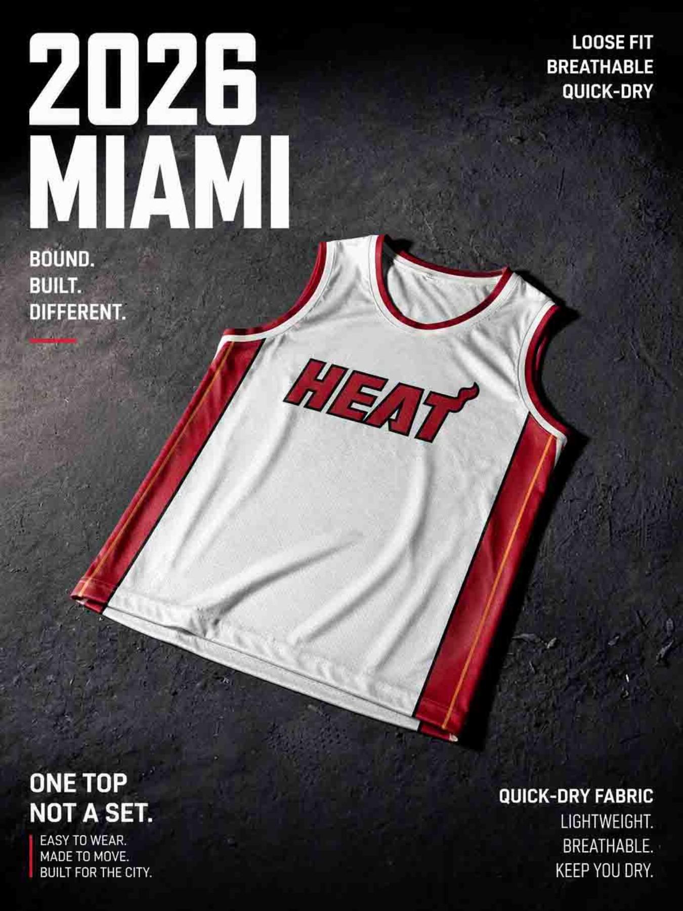 Men's Miami Pattern Sleeveless Basketball Jersey, Mesh Vest with Side Stripes, Quick-Dry Sportswear, Streetwear for Daily Use