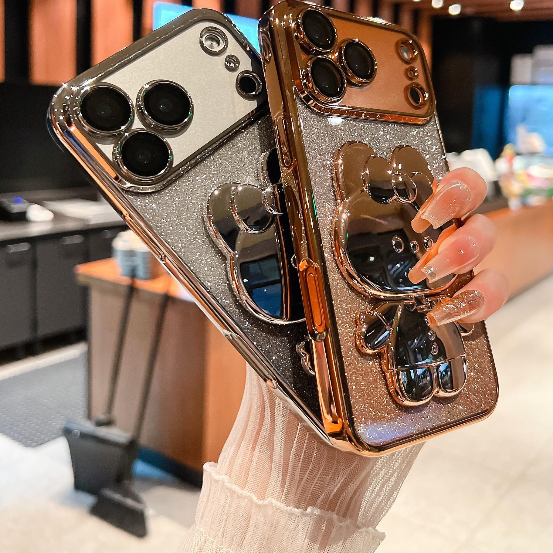 Glitter Bunny Phone Case with Stand & Mirror for iPhone 17 | Cute Silicone Protective Cover | Sparkly Bling Rabbit Case with Kickstand