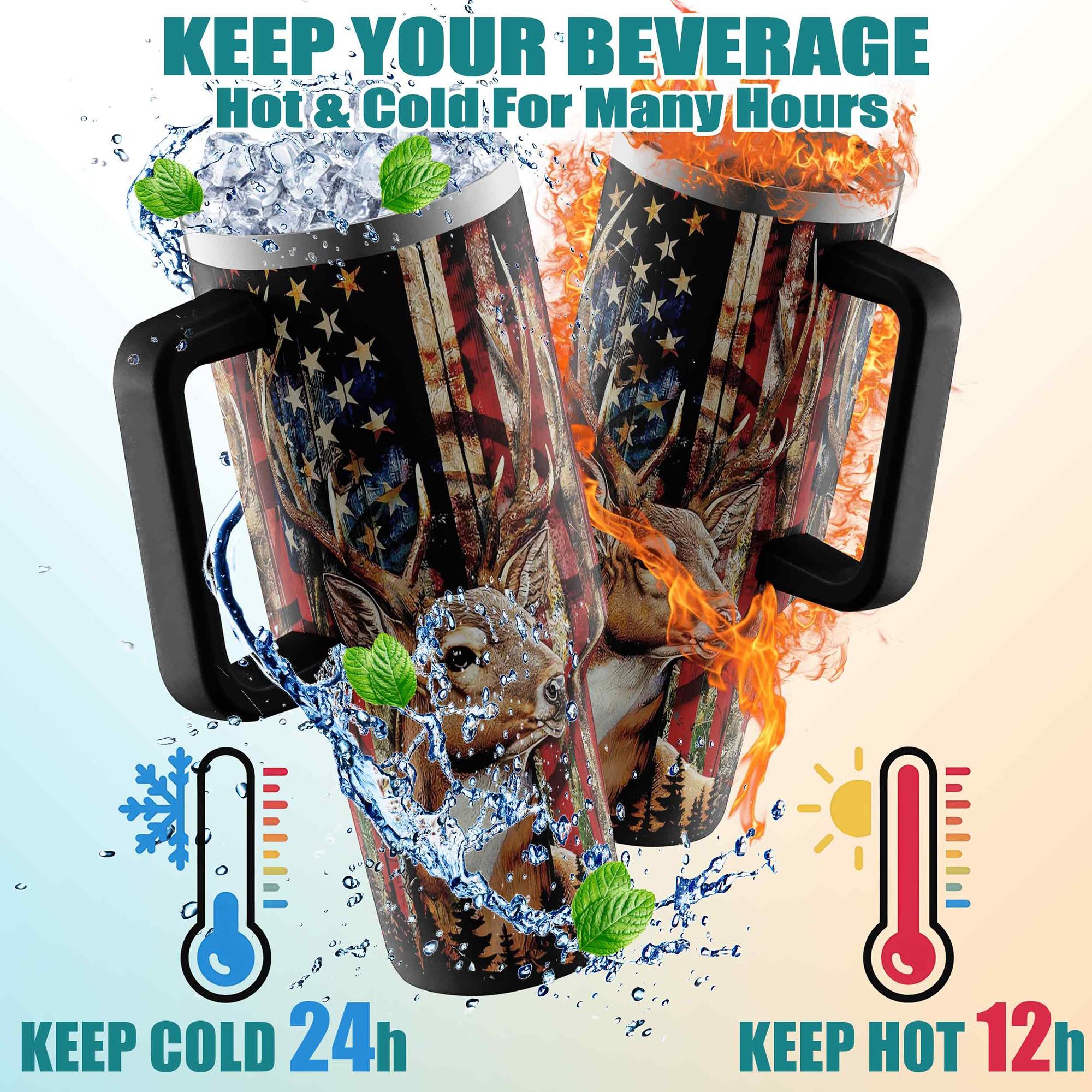 40oz, 1pc Gift, Stainless Steel Cup, Insulated and Durable, Stainless Steel Tumbler, Featuring a beautiful American Flag Deer Design, Perfect Gift for Horse Lovers and Equestrians, Great for Hot or Cold Beverages