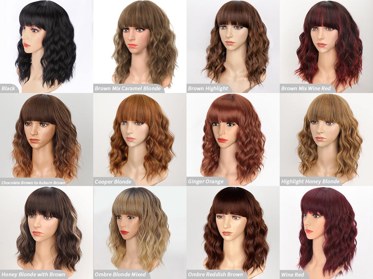 [ AISI HAIR ] Short Wavy Wig with Bangs for Women Shoulder Length Bob Curly Women's Charming Synthetic Wigs with Natural Wavy Black To Brown Heat Resistant Hair for Daily Party Use