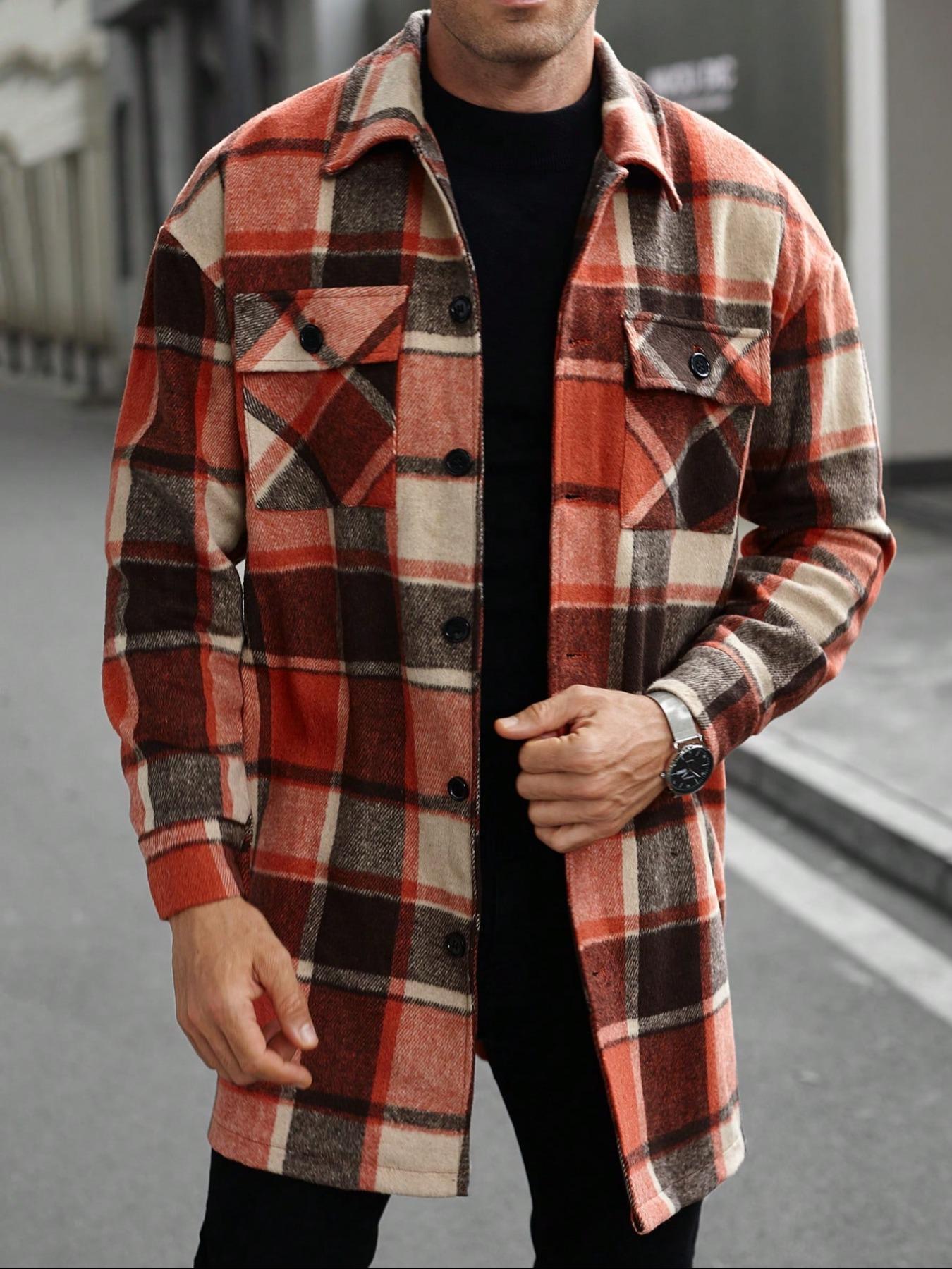 Men's plaid check long coat, Long Sleeve, with a buttoned lapel, loose fit, front button pockets, suitable for daily wear in autumn and winter, comfortable and warm, men's trench coat, autumn and winter